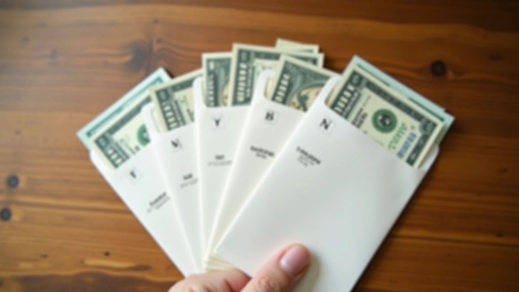 Colorful budget envelopes with cash organized by spending category on wooden surface