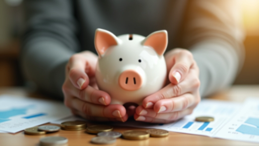 Person holding piggy bank with coins and savings tracking chart on table