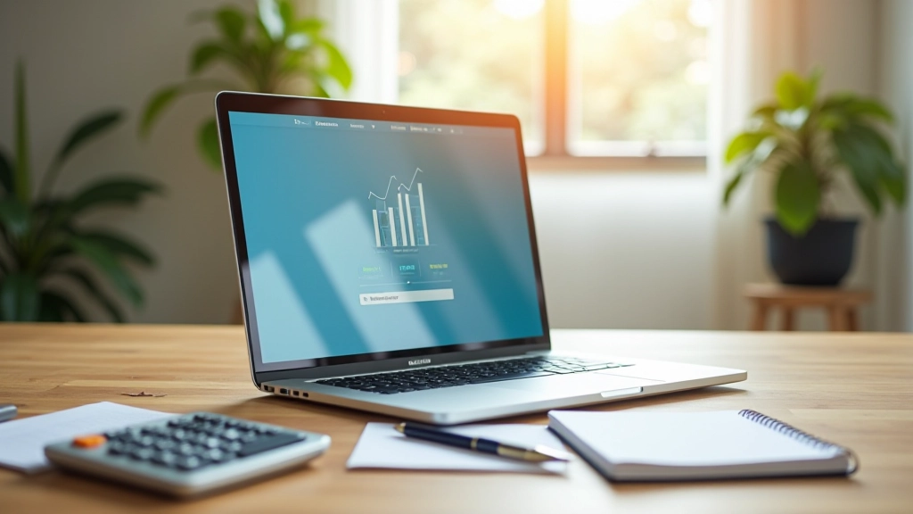 Laptop showing banking app with savings account dashboard and calculator on wooden desk