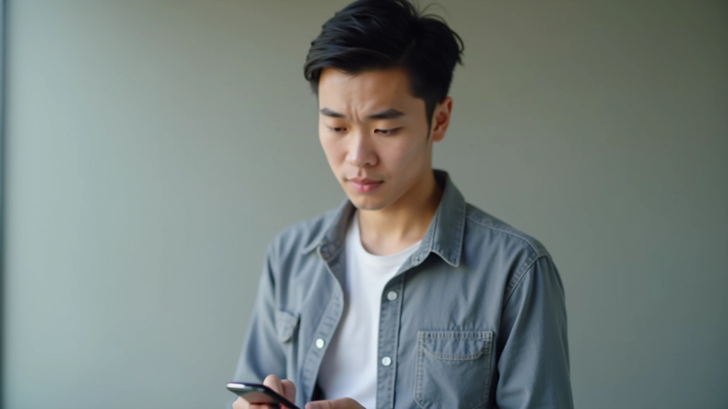 Confused young person looking at smartphone with notification symbols and warning icons displayed on screen