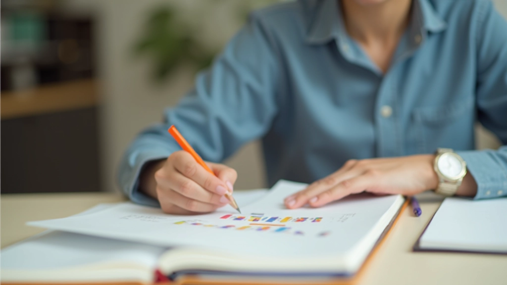 Young person planning monthly expenses with colorful expense tracking notebook and pen