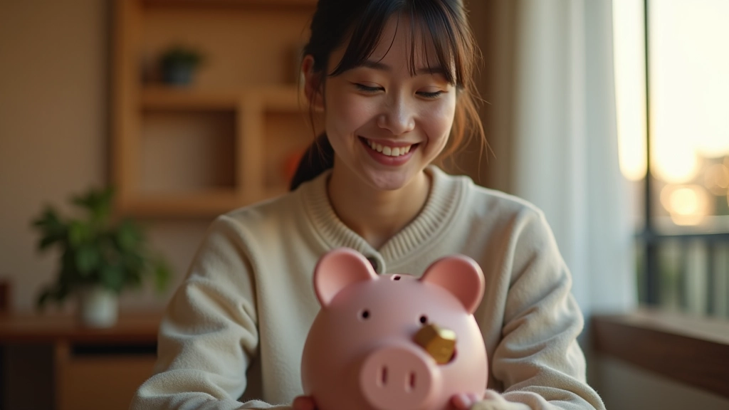Young professional opening piggy bank with coins spilling out, cozy apartment setting, natural lighting