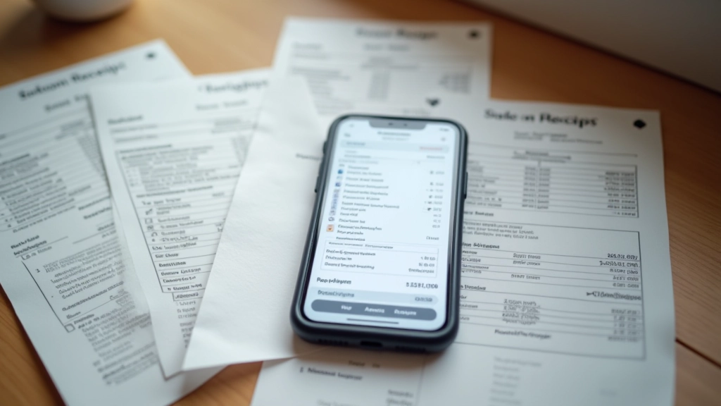 Smartphone displaying receipt photo among scattered shopping receipts on desk