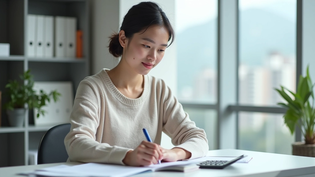 Young professional woman at desk reviewing budget spreadsheet with calculator and notebook