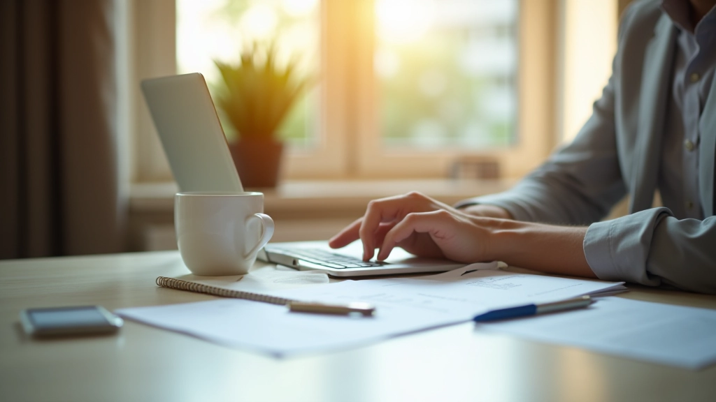 Person at desk with laptop, financial planning documents, and coffee