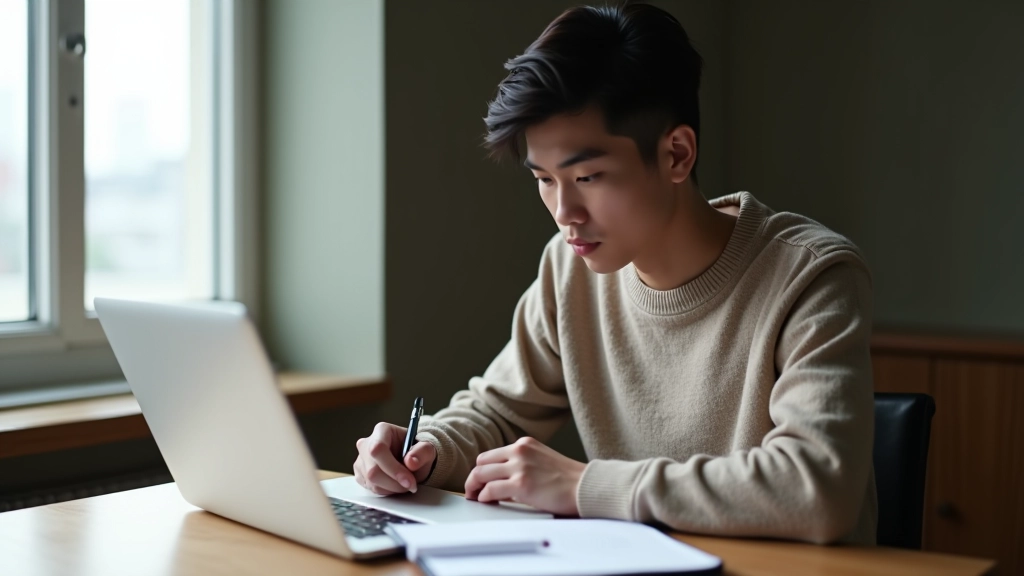 Young adult reviewing credit report on laptop at home office desk with notebook and pen nearby
