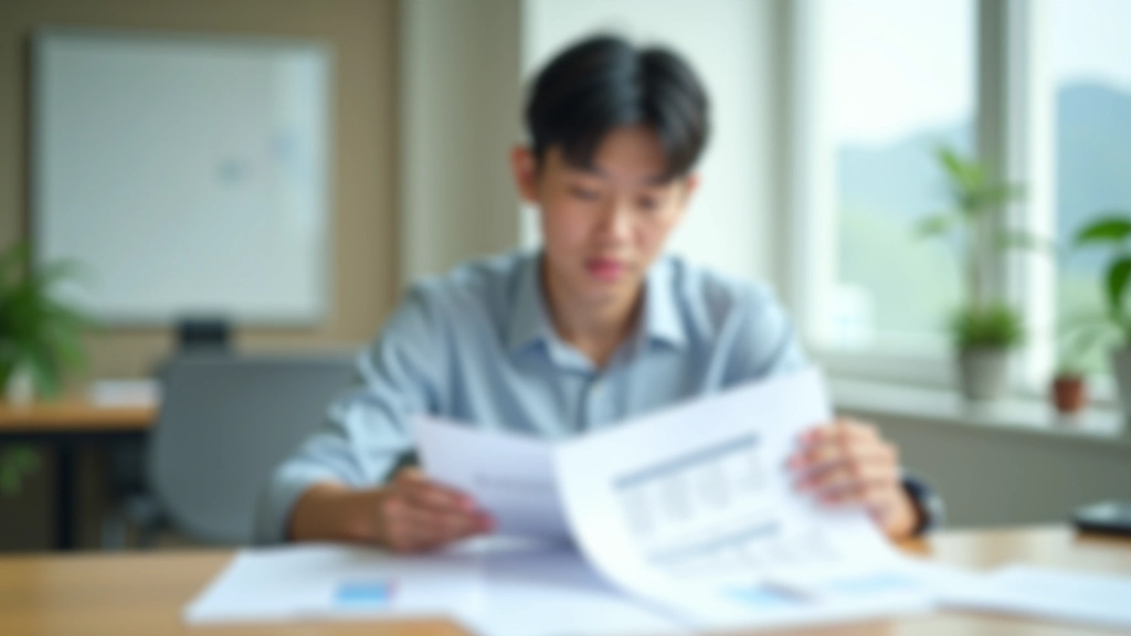 Young professional reviewing financial documents at desk in modern Hong Kong office